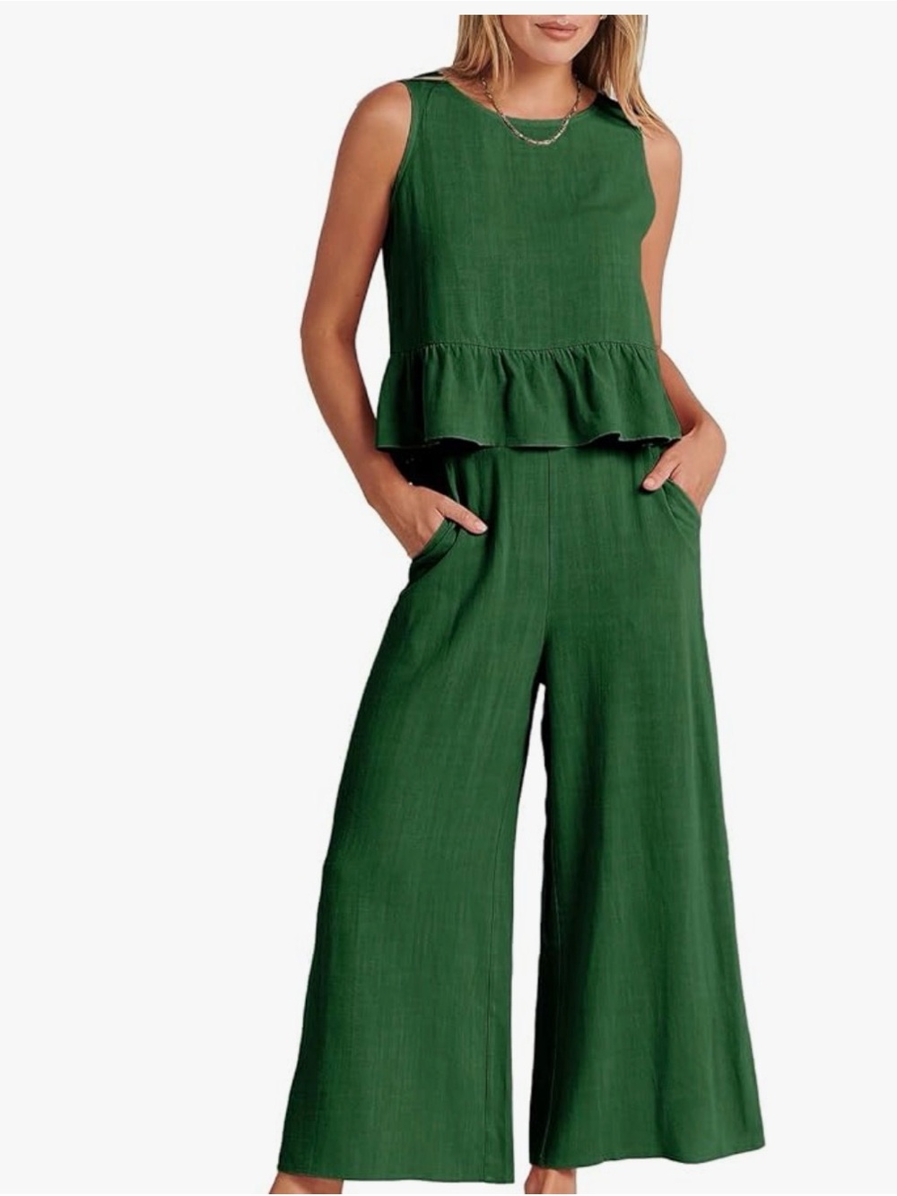 Sleeveless Wide-Leg Jumpsuit with Ruffle Waist - Forest Green
